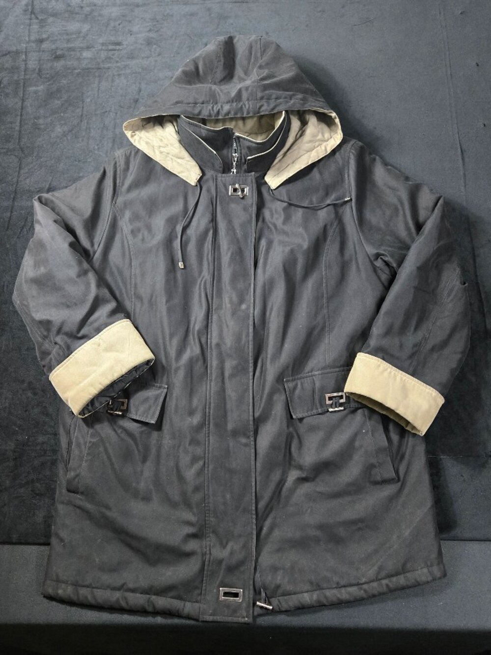 London Harbor Fleet Street Womens 22/24 Black Beige Hooded Coat Plus Size